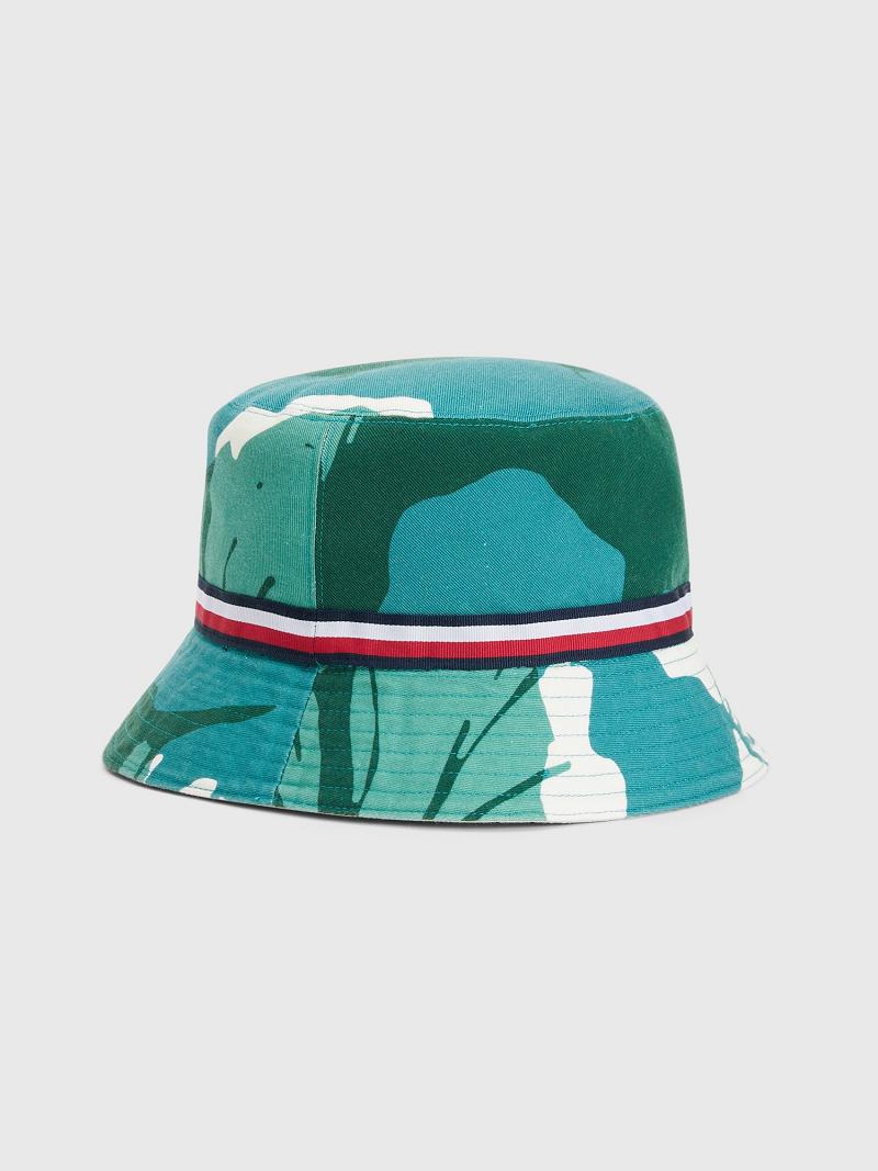 Férfi Tommy Hilfiger Palm Print Bucket HATS Zöld Színes | HU 1517OKI